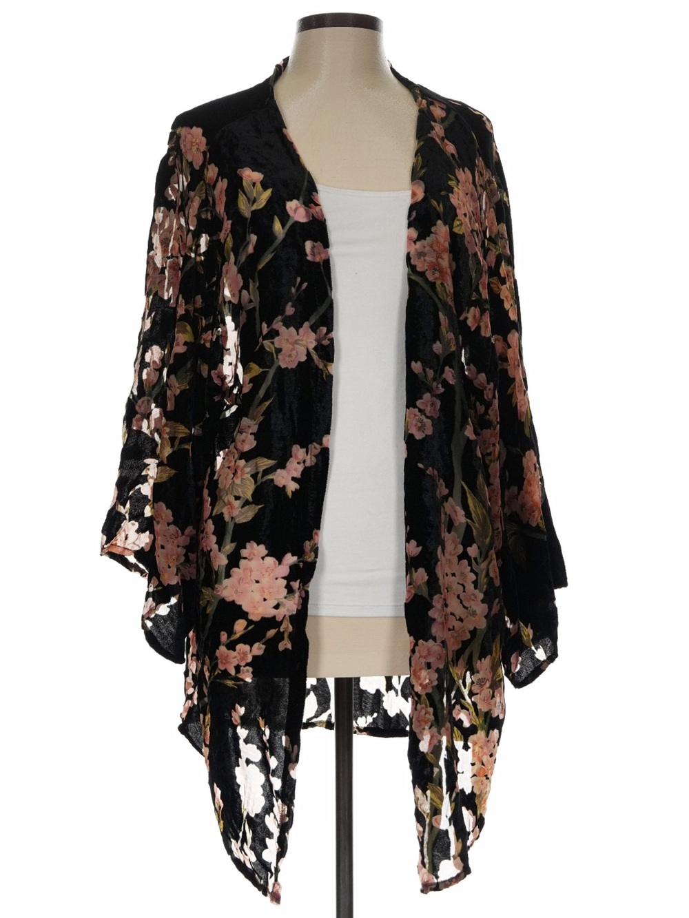 New: POL “Velvet Burnout” Velvet Floral Boho Flare Sleeves Kimono Duster• Large